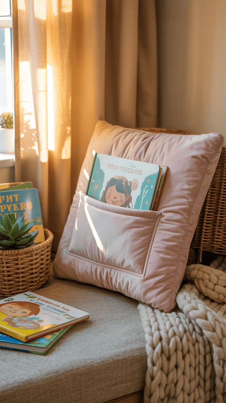 Children's reading pillow with book pocket displayed in a cozy reading corner