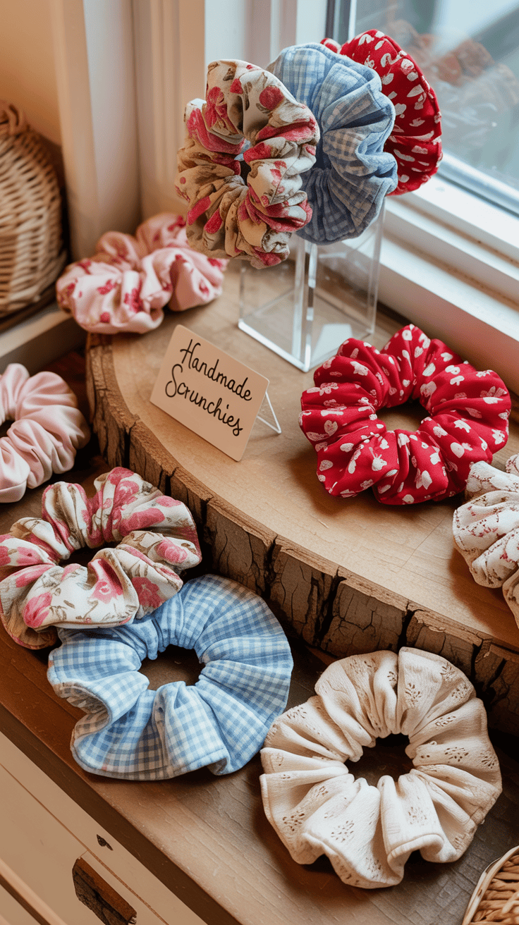 Colorful handmade fabric scrunchies displayed for sale in a small sewing business