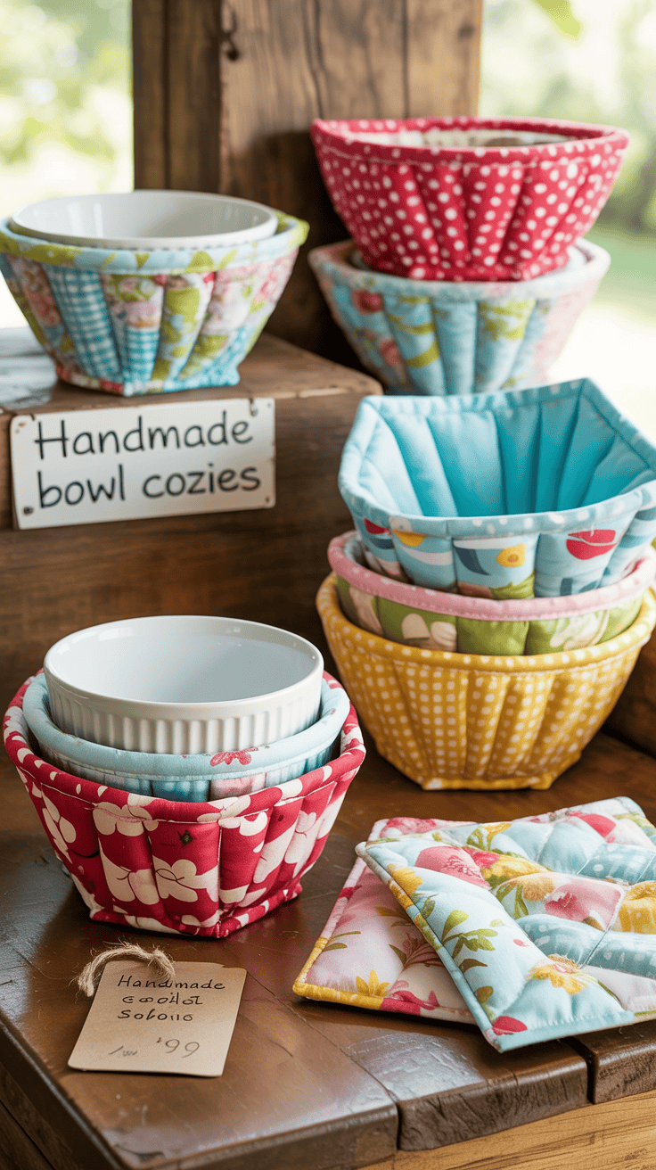 Handmade microwave bowl cozies sewn from cotton fabric and displayed for sale