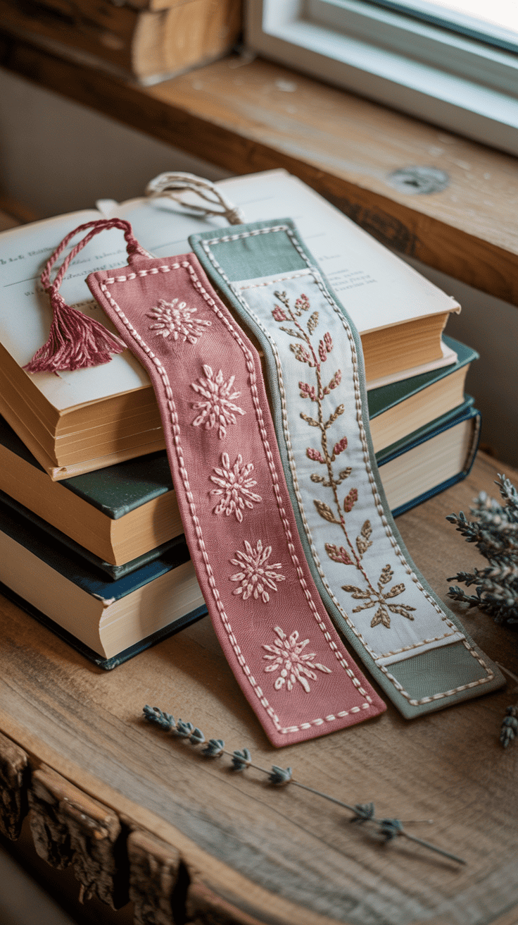 Handmade fabric bookmarks with decorative stitching displayed beside books