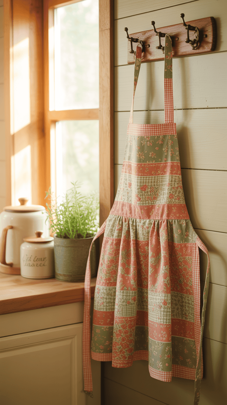 Handmade apron sewn from patterned fabric displayed in a kitchen setting