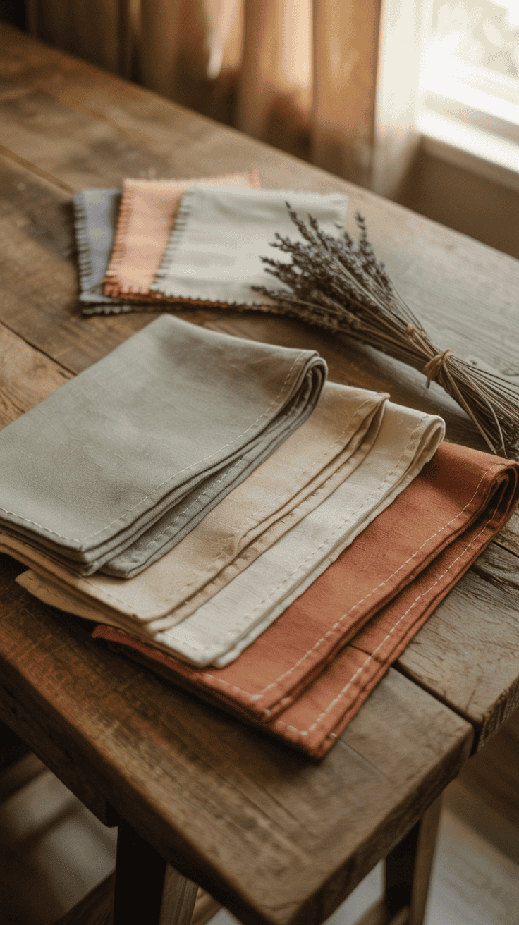 Handmade cloth napkins folded on a dining table with coordinating fabrics