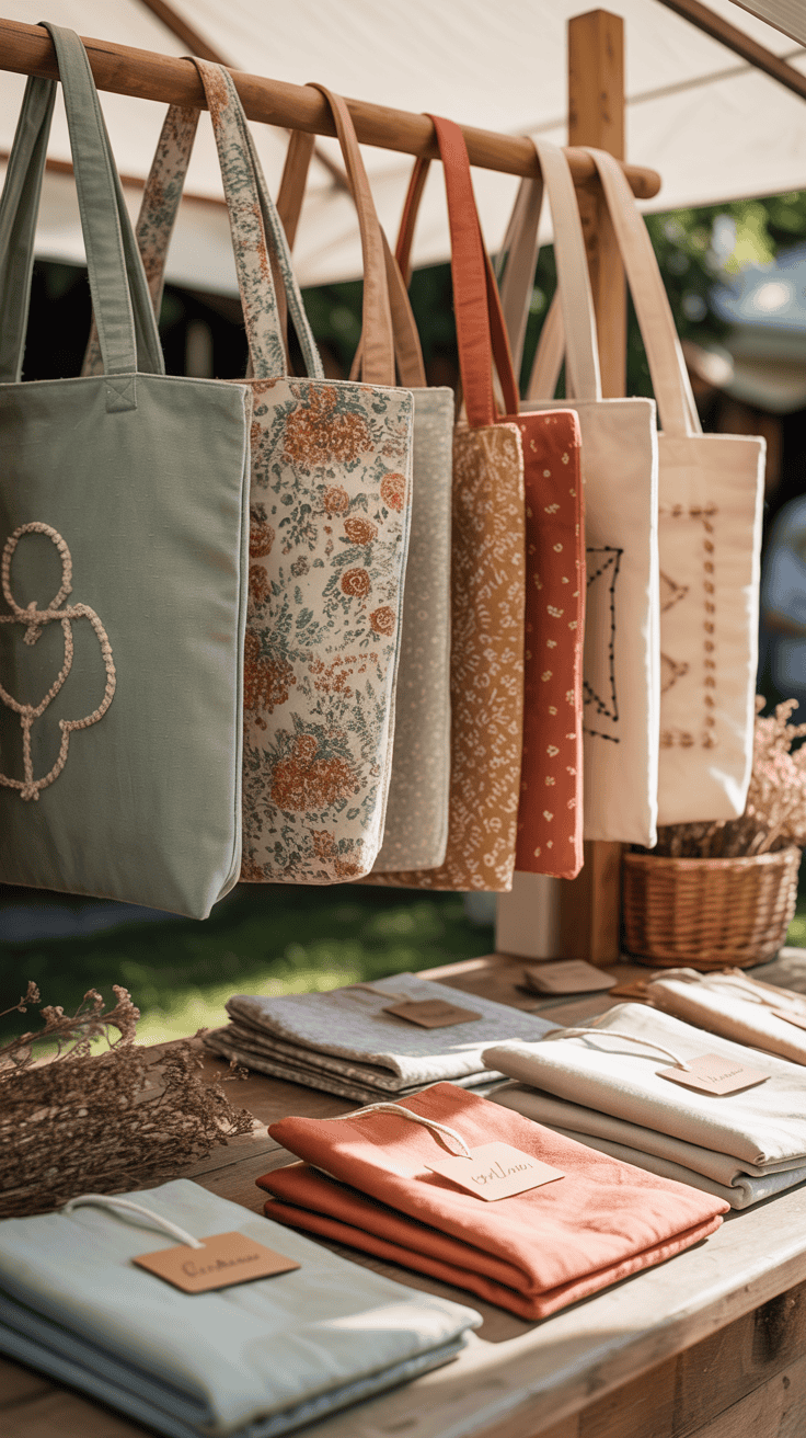 Handmade fabric tote bags displayed at a craft market booth