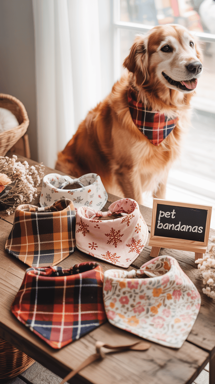 Handmade pet bandanas in seasonal fabrics displayed for dog owners