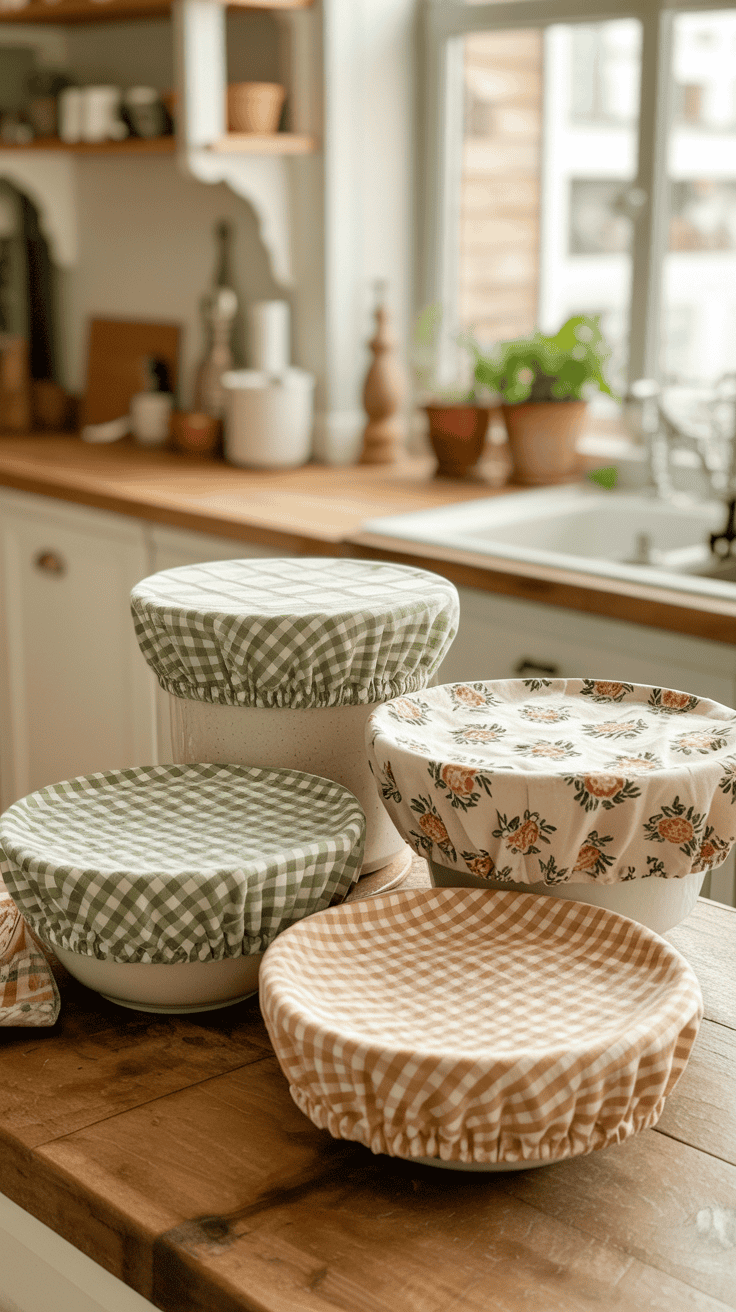 Reusable handmade fabric bowl covers displayed in coordinating kitchen fabric patterns