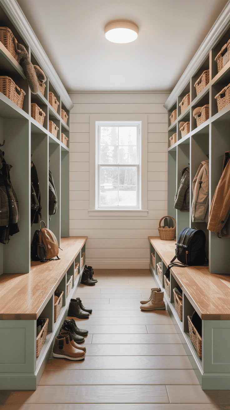 Organized family mudroom with individual hallway storage zones for coats, backpacks, shoes, and accessories.