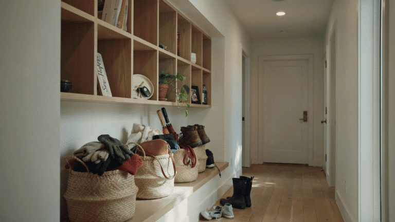 Mudroom baskets organizing gloves, hats, bags, and everyday essentials in a narrow hallway.