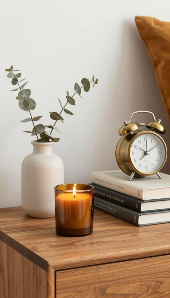 Autumn bedroom nightstand styled with candles, a ceramic vase, dried flowers, stacked books, and cosy fall decor