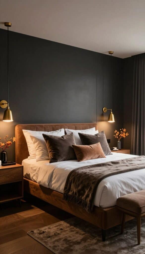Boutique hotel inspired dark bedroom with luxurious bedding, warm lighting, and elegant autumn details.