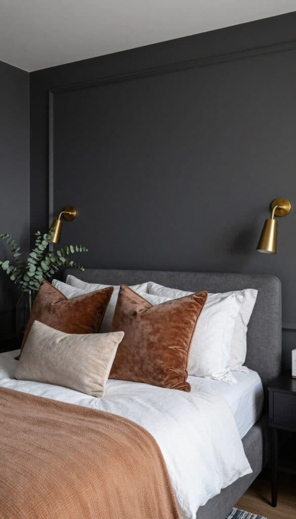 Boutique hotel inspired bedroom with dark walls, layered bedding, and warm lighting