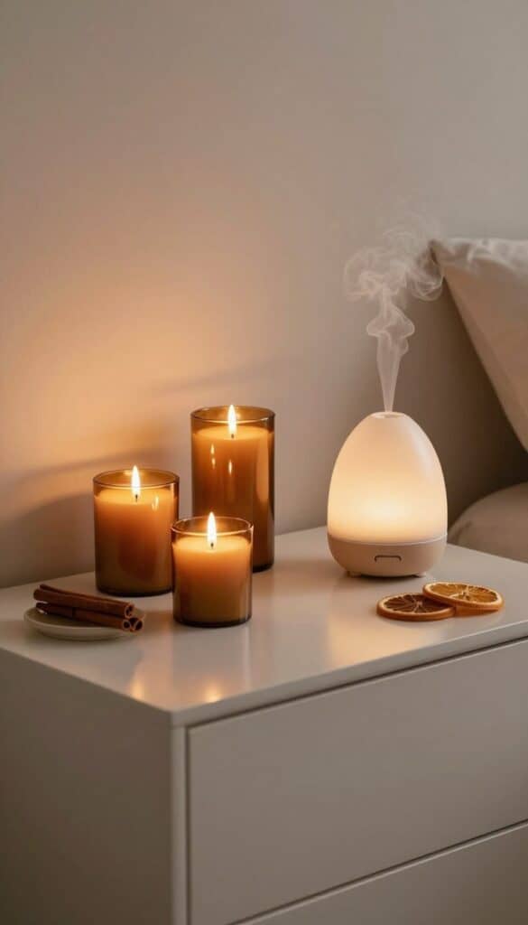 Autumn-scented candles and an essential oil diffuser arranged on a bedroom dresser