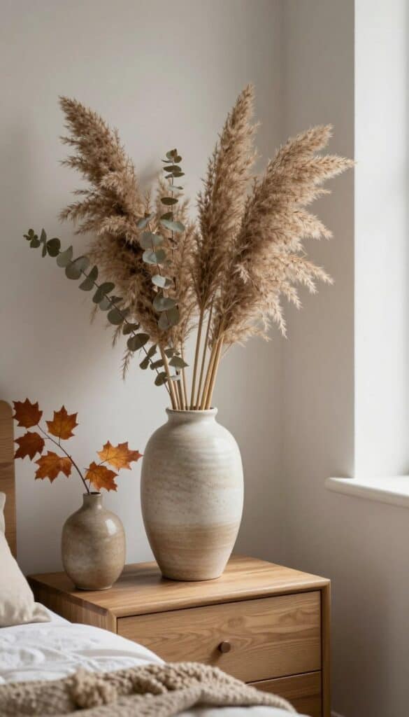 Cosy bedroom decorated with dried pampas grass, eucalyptus, autumn branches, and neutral fall decor