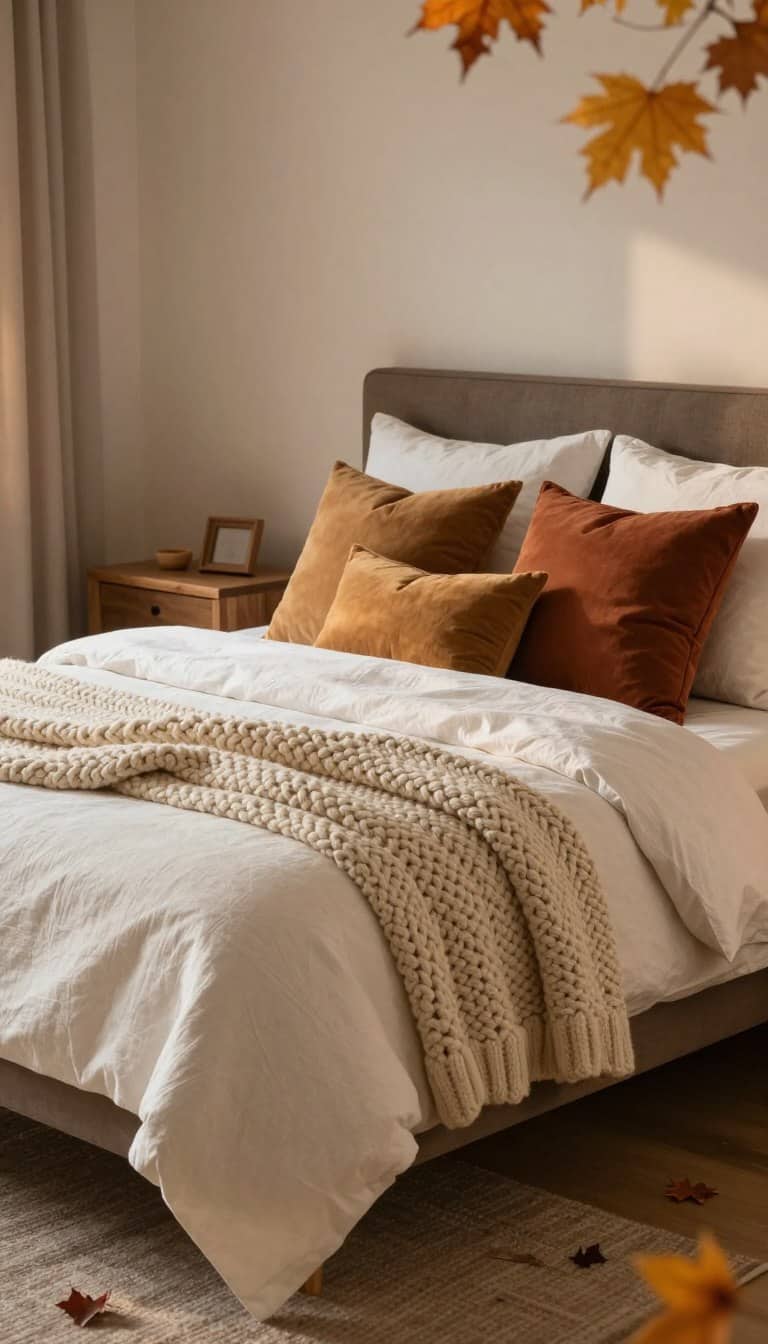 Cozy fall bedroom with chunky knit throw blanket, cream bedding, rust colored pillows, and warm autumn decor