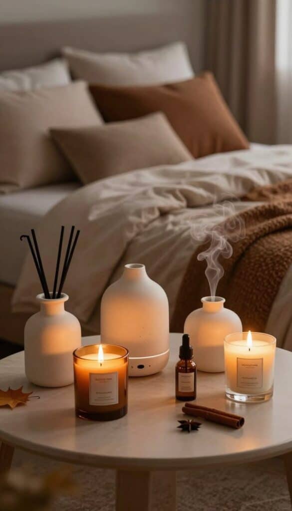 Cosy fall bedroom with scented candles, an essential oil diffuser, warm bedding, and inviting autumn decor