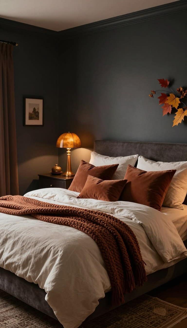 Dark and cozy fall bedroom with charcoal walls, layered bedding, warm lighting, and autumn decor accents