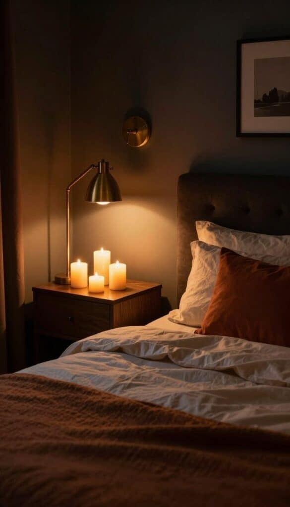 Dark cozy bedroom with glowing candles, warm bedside lamps, and layered autumn bedding.
