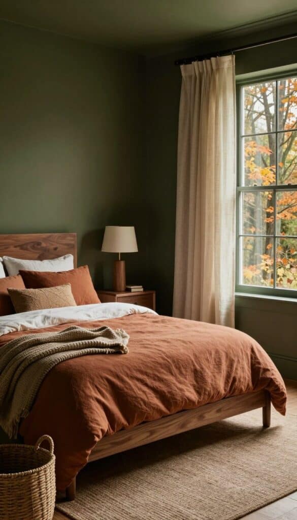 Dark earth tone bedroom with olive green walls, rust bedding, walnut furniture, and cozy fall styling.