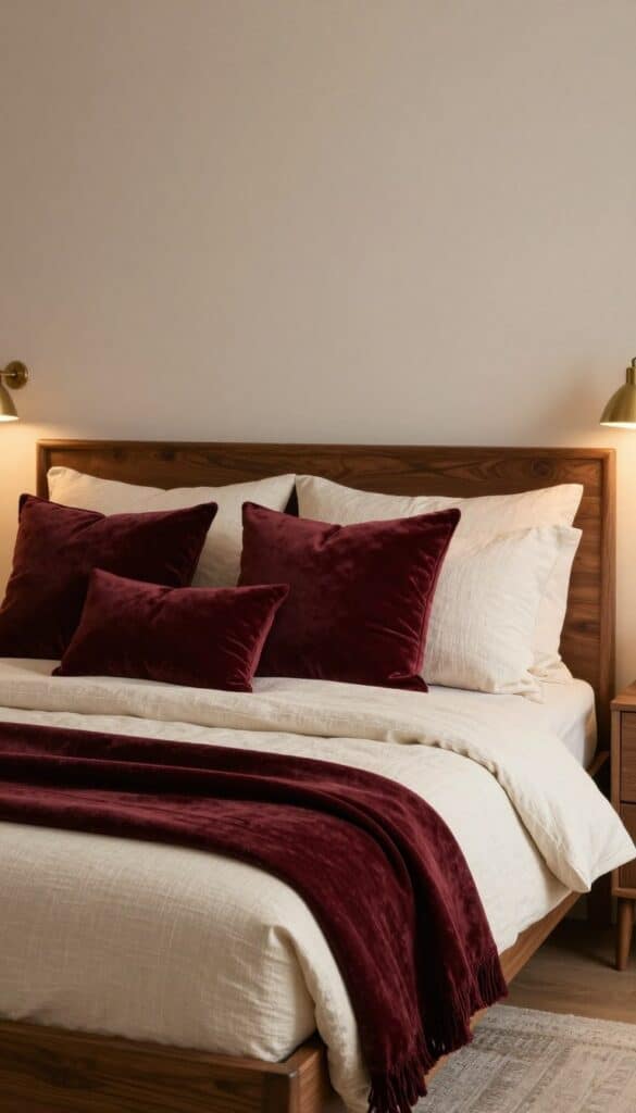 Elegant burgundy fall bedroom with cream bedding and velvet pillows