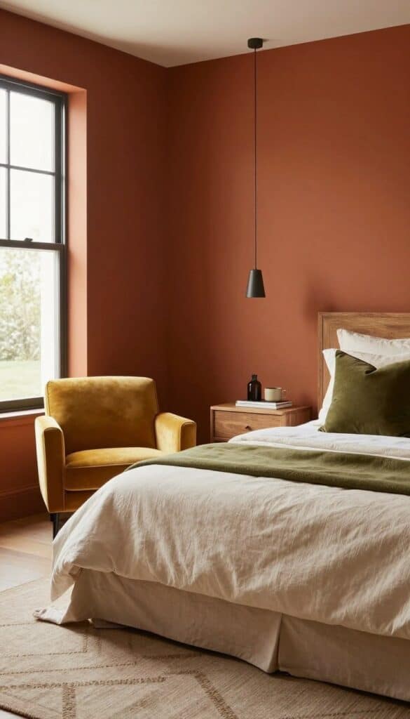Elegant fall bedroom decorated with rust, mustard, olive green, cream bedding, and warm wood furniture