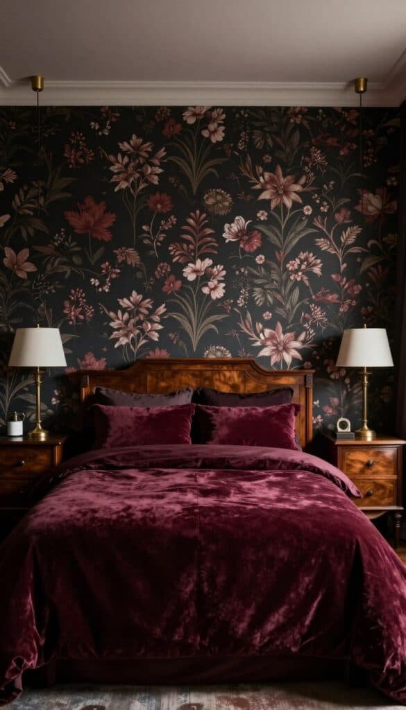 Elegant moody bedroom with dark floral wallpaper and velvet bedding