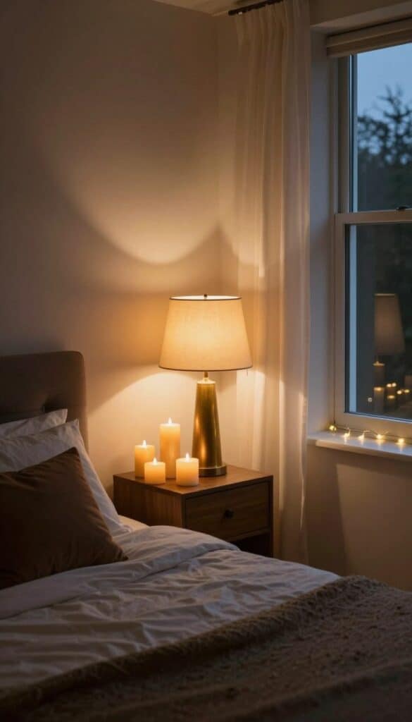 Fall bedroom with layered lighting from table lamps, candles, and soft ambient fixtures