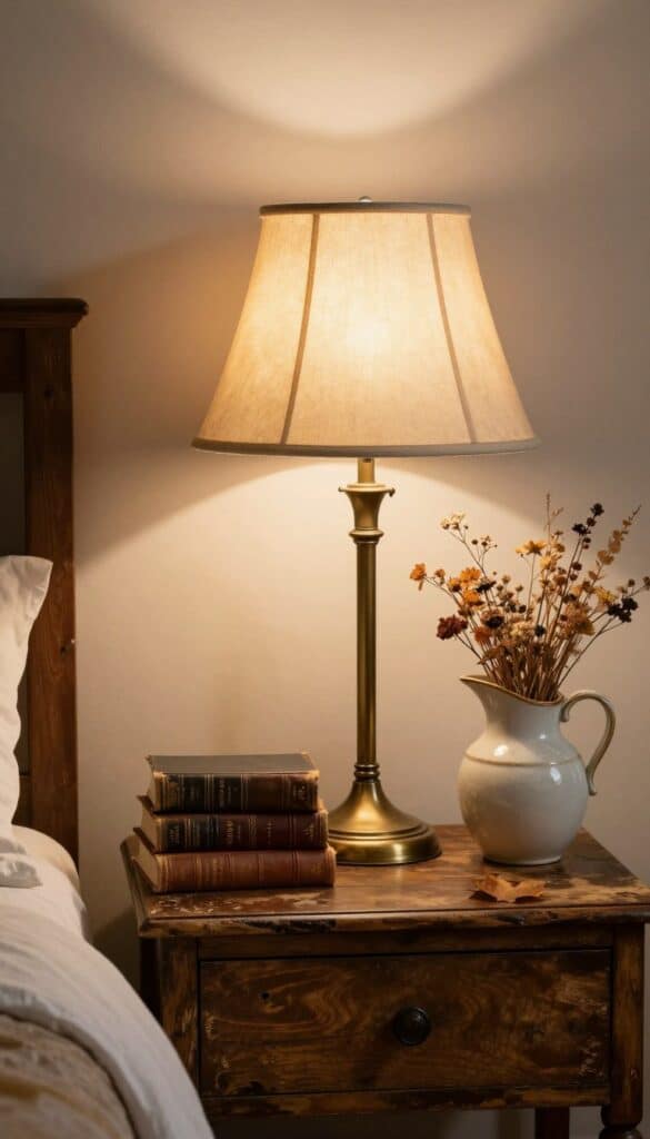 Fall bedroom corner with a vintage brass lamp, antique books, and nostalgic autumn accessories