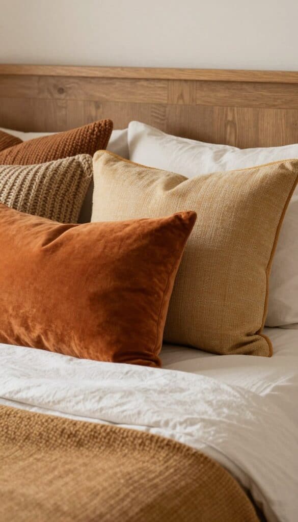 Fall bedroom featuring velvet and linen throw pillows layered on a cosy bed with warm autumn colours