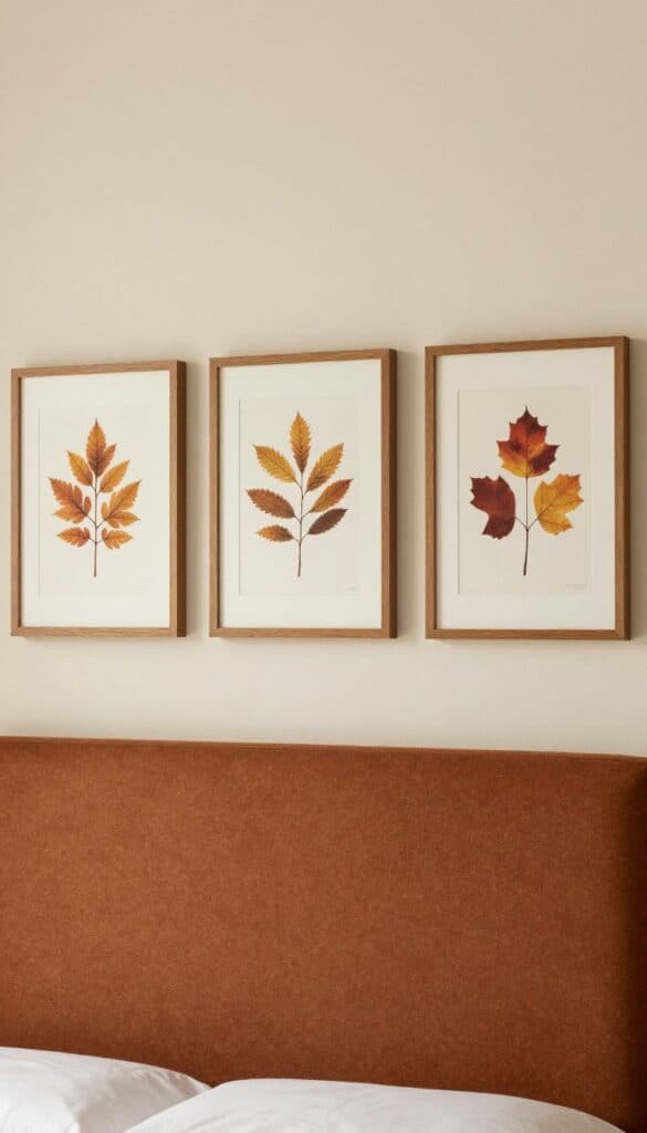 Fall bedroom wall with autumn artwork in natural wood frames above a warmly styled bed