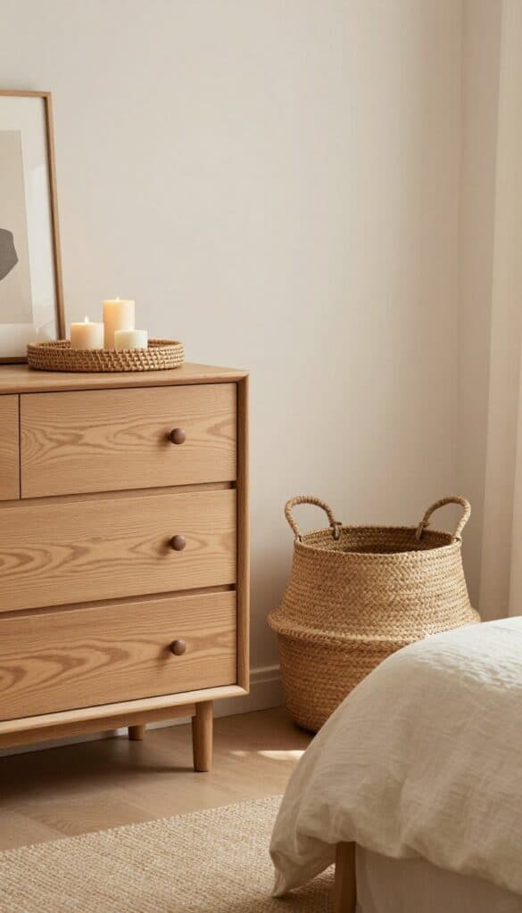 Fall bedroom with oak furniture, woven baskets, rattan accents, linen bedding, and cosy autumn styling