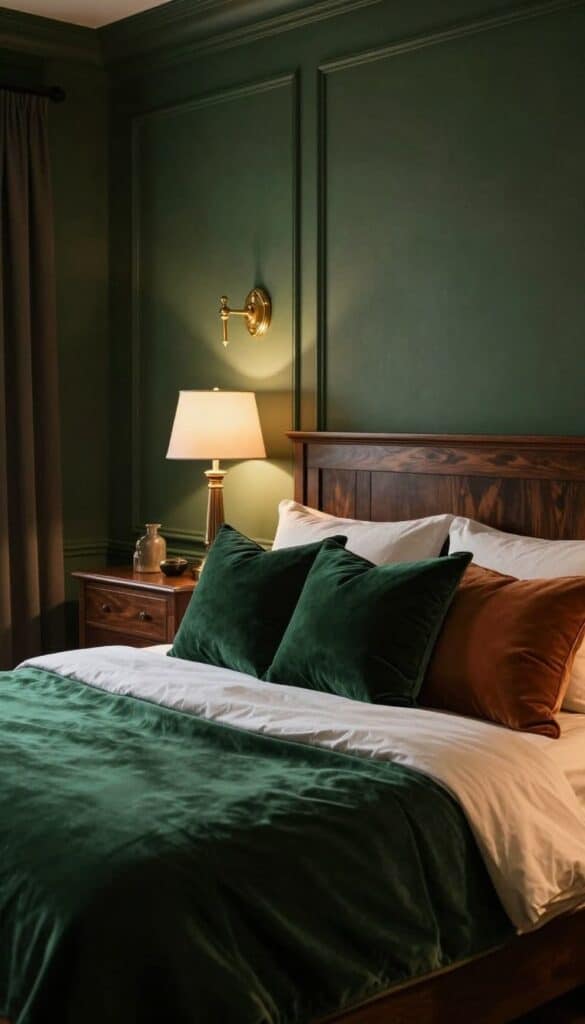 Forest green bedroom with velvet pillows, brass lighting, rich autumn decor, and luxurious bedding