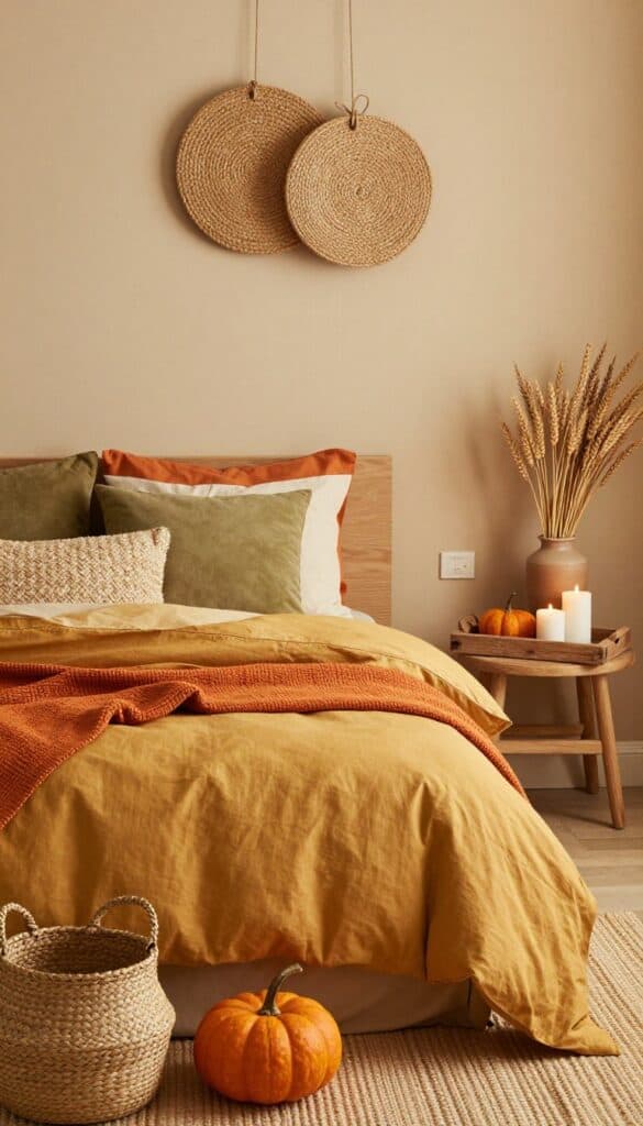 Harvest inspired fall bedroom with pumpkin coloured bedding, woven baskets, dried wheat stems, and warm beige textiles.