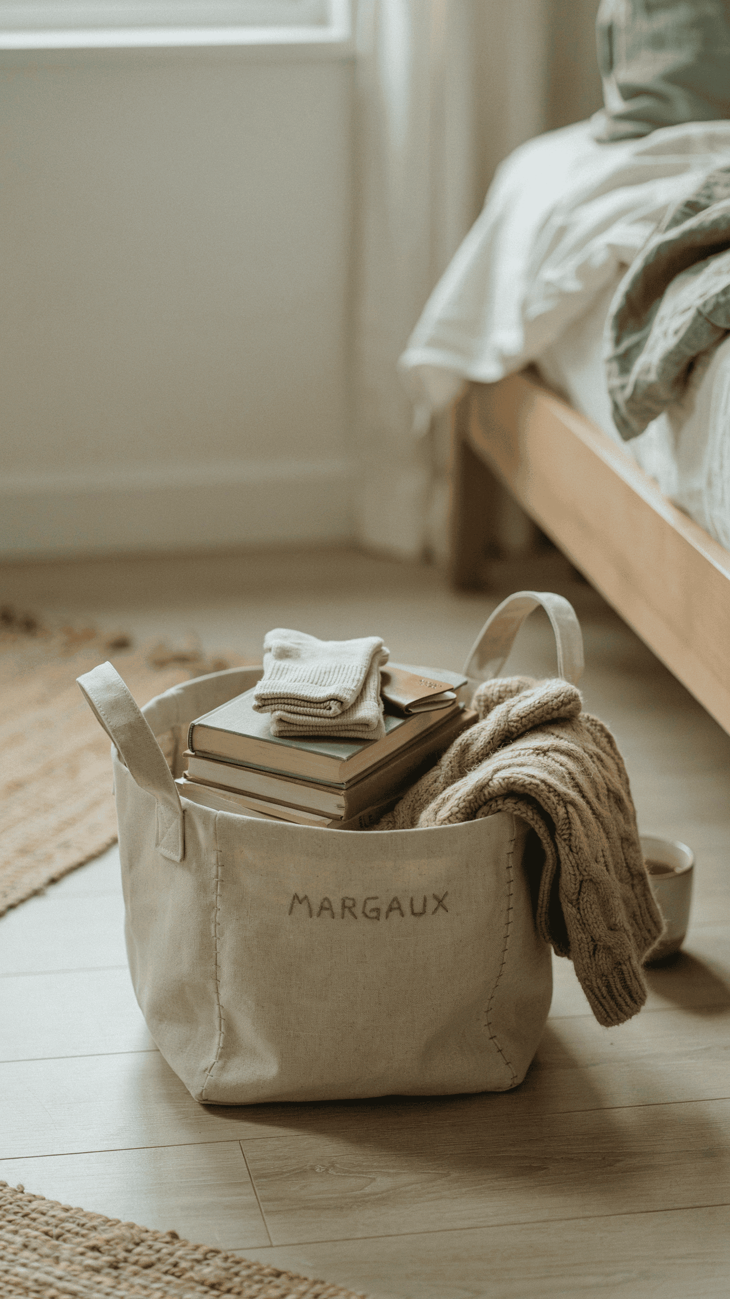 Handmade bedside fabric basket holding books blankets and bedroom essentials