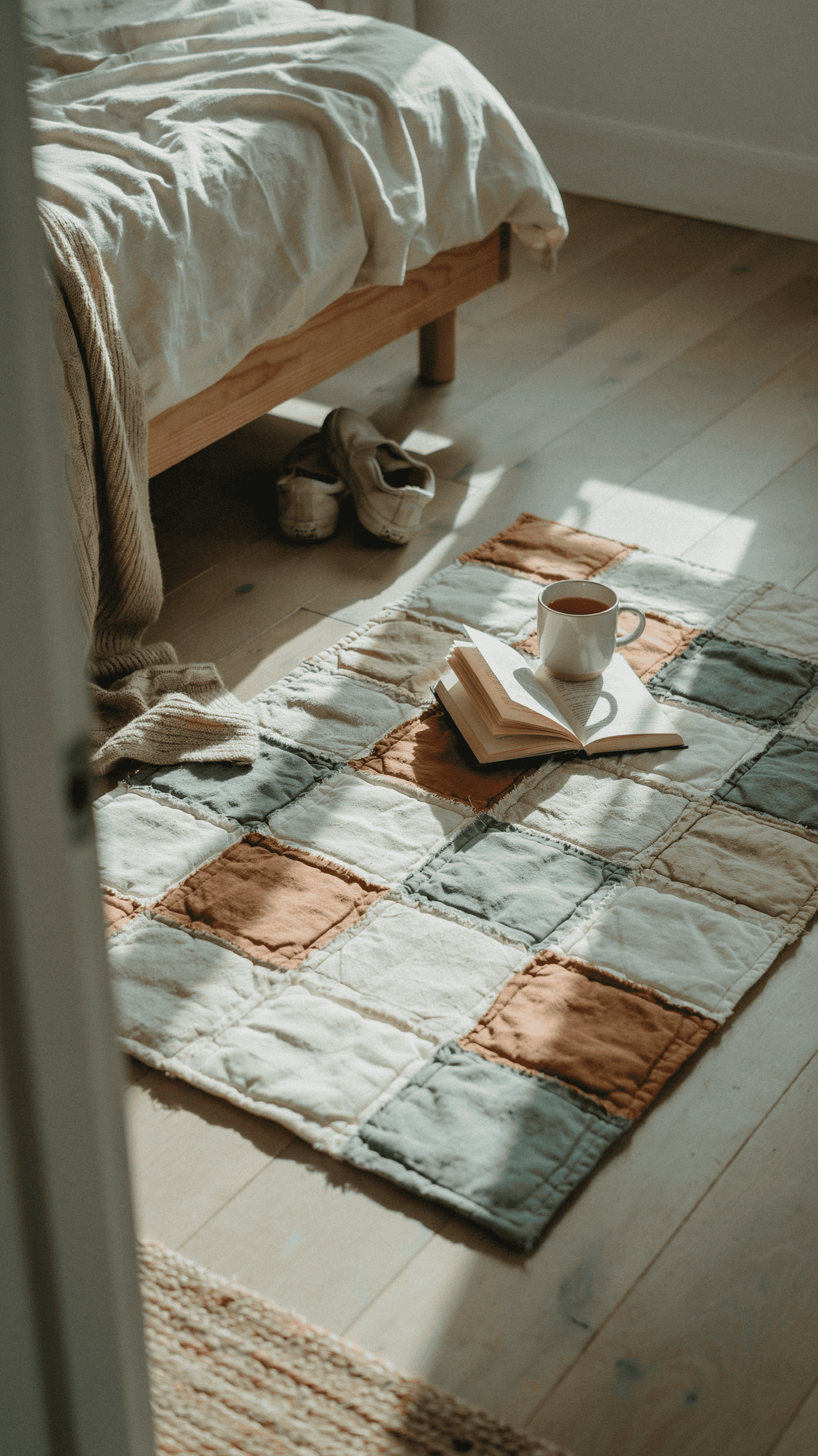 Handmade quilted bedside mat sewn from soft cotton fabric