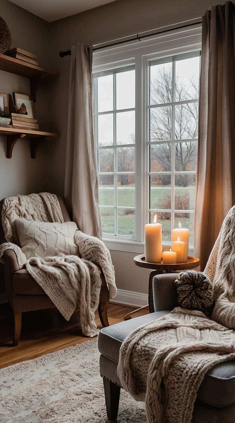 Neutral fall reading nook with cozy armchair, knit blanket, candles, and warm seasonal décor.