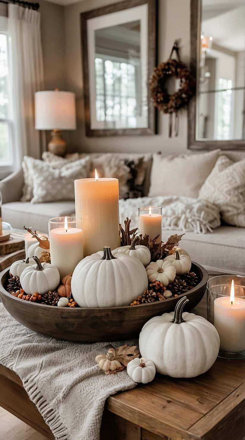 Elegant neutral fall home decorated with layered textures, white pumpkins, candles, natural wood, and cozy autumn accents.