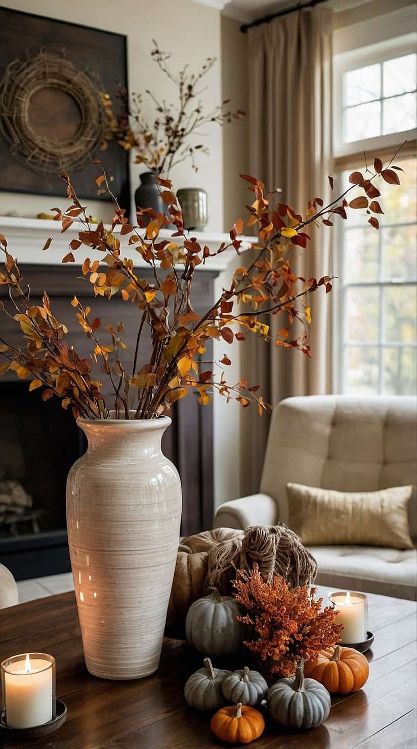 Neutral fall ceramic vase filled with seasonal branches and elegant autumn foliage in a cozy living room.