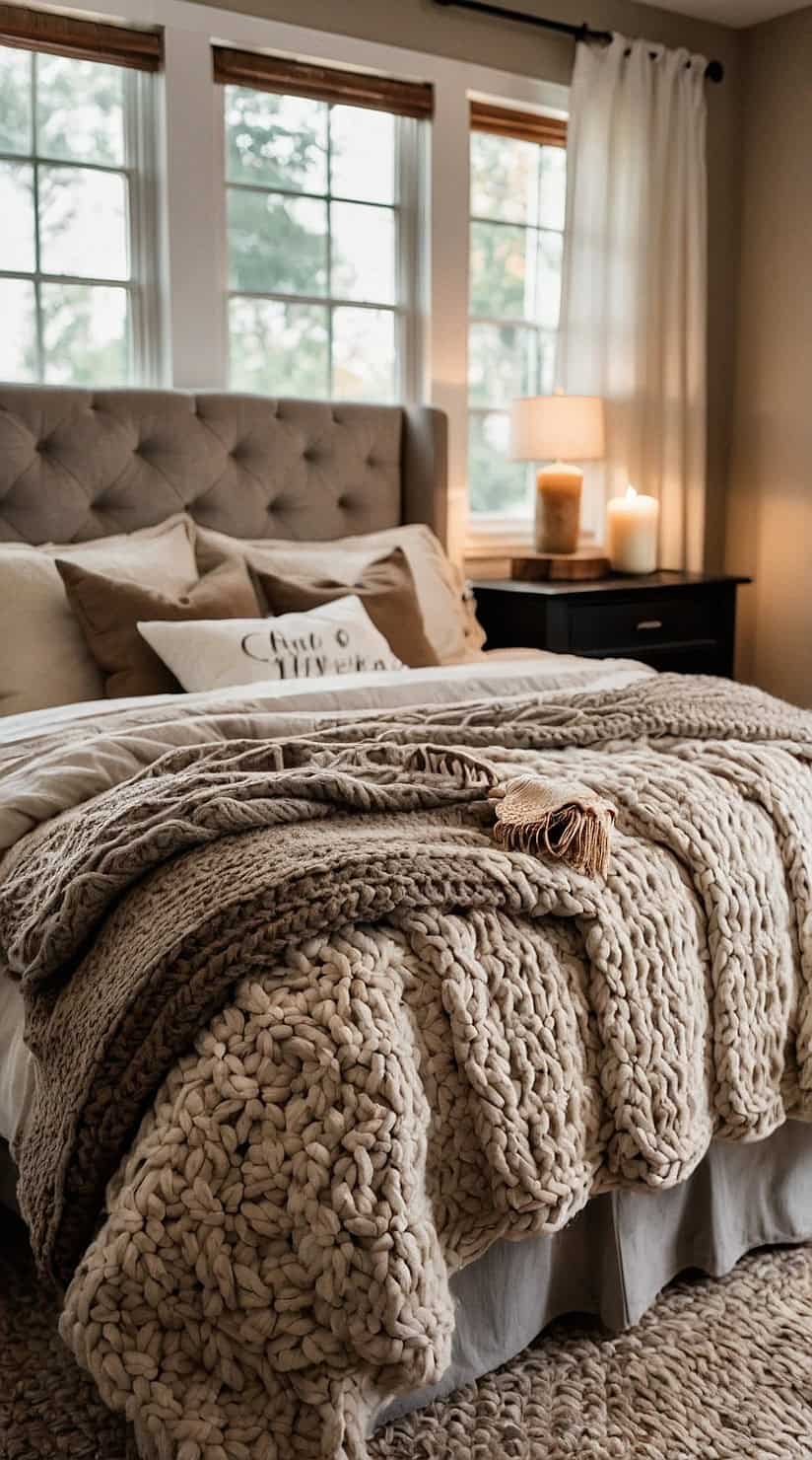 Neutral fall bedroom decorated with oatmeal bedding, chunky knit throws, candles, and warm autumn décor.