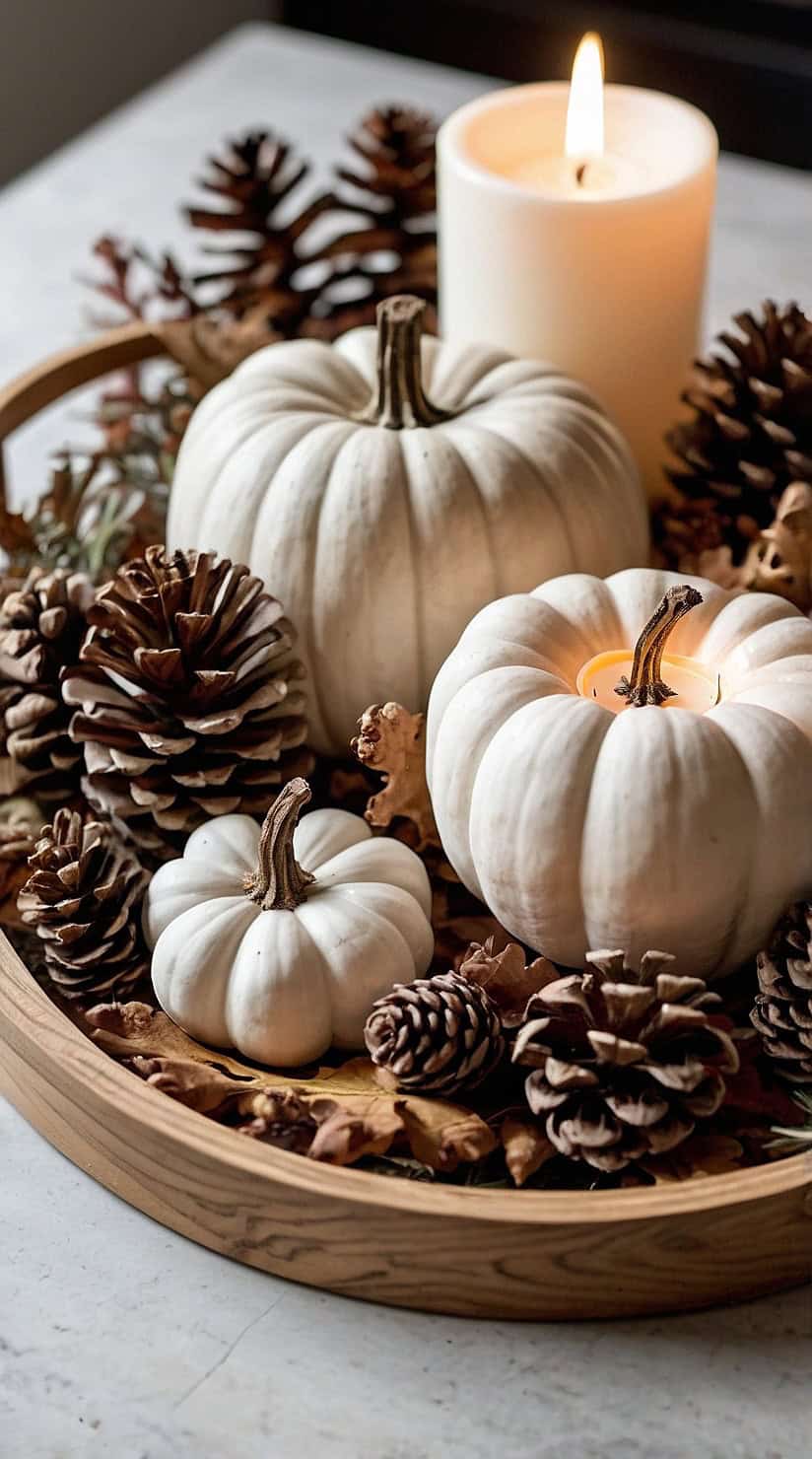 Neutral fall wooden tray styled with candles, pinecones, white pumpkins, and dried autumn foliage.