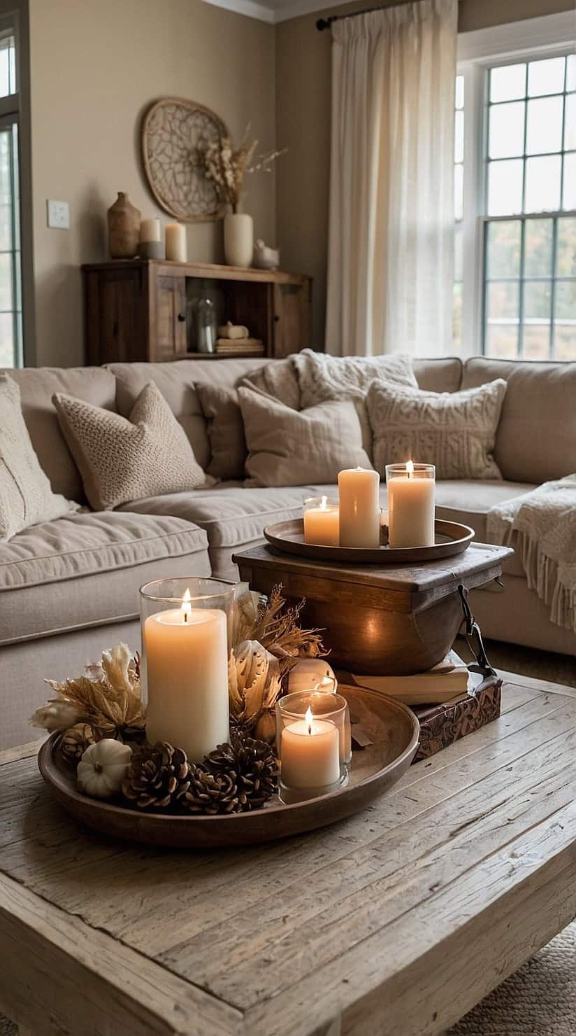 Neutral fall living room layered with warm taupe textiles, cream décor, candles, and cozy autumn styling.