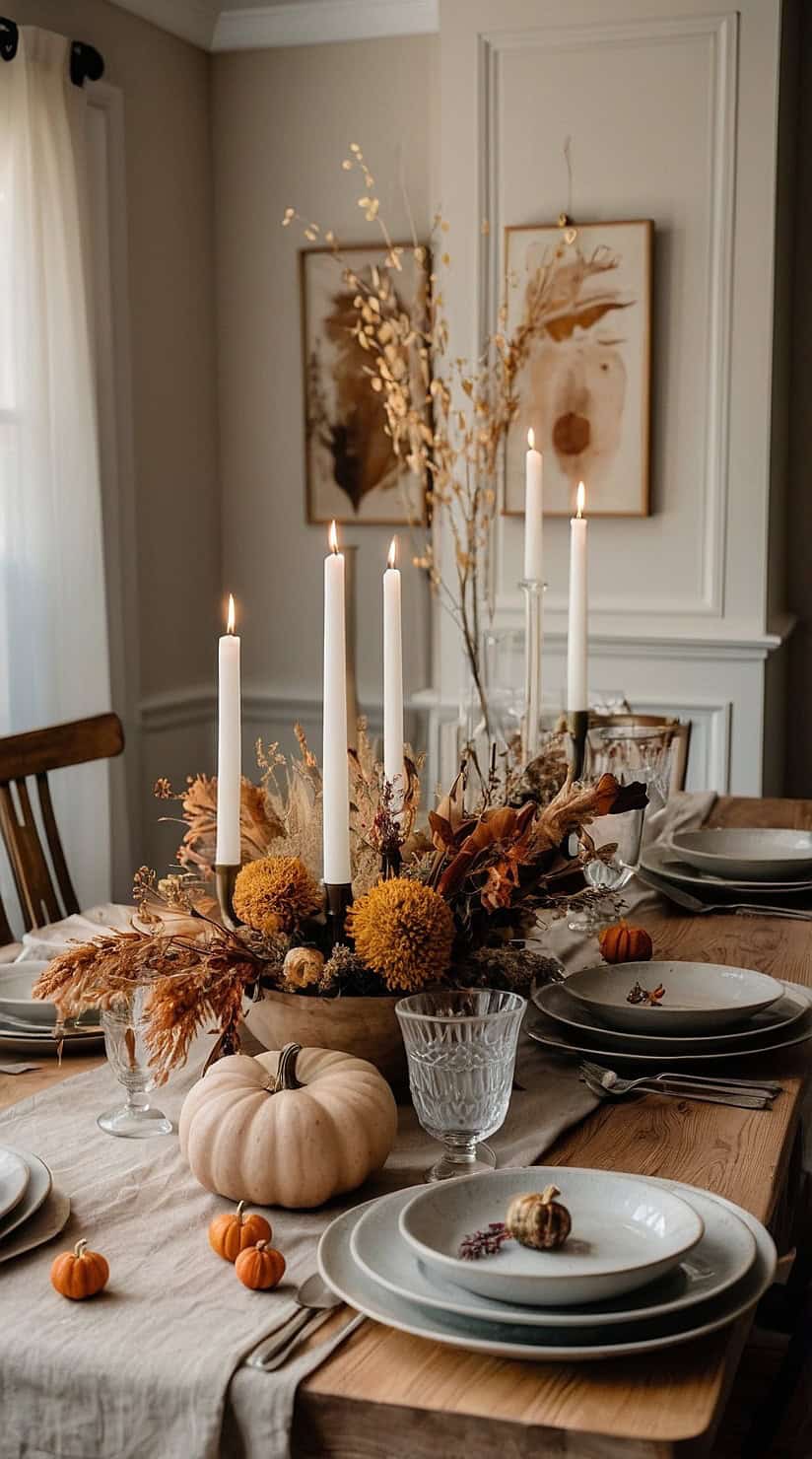 Neutral fall dining table with oatmeal linen tablecloth, candles, dried flowers, and elegant autumn décor.