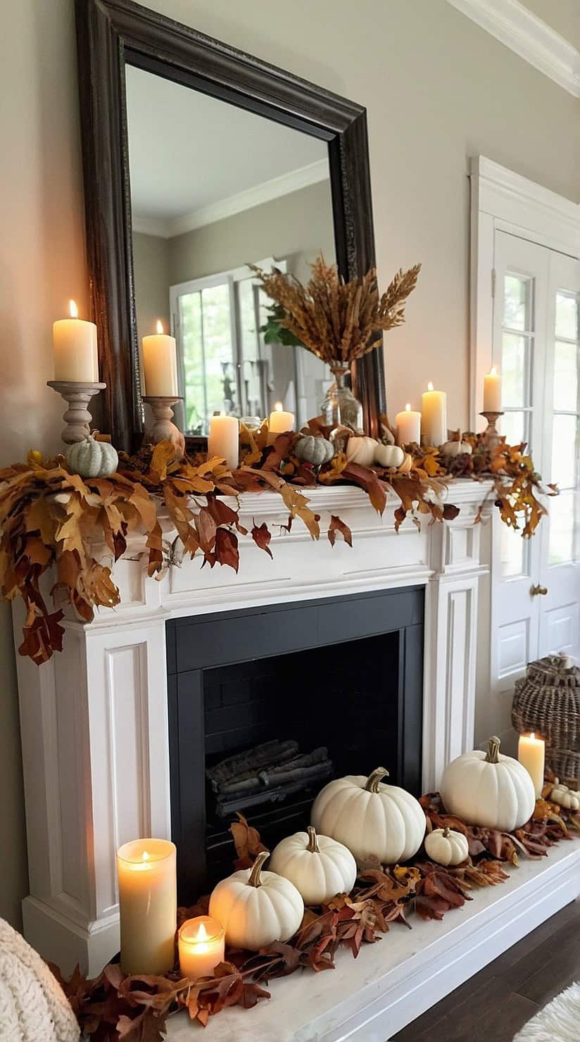 Neutral fall mantel decorated with dried leaf garland, candles, white pumpkins, and elegant autumn styling.