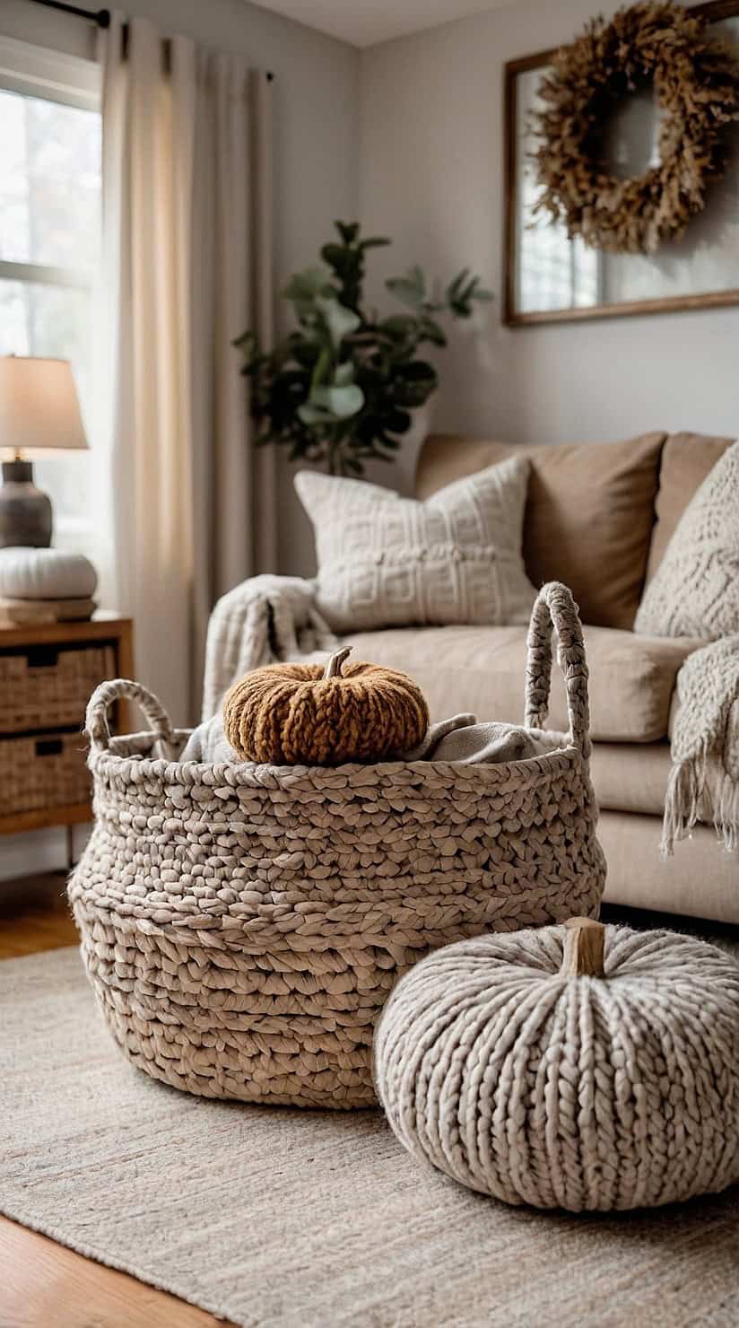 Neutral fall decor featuring woven baskets filled with chunky knit blankets beside a cozy sofa.