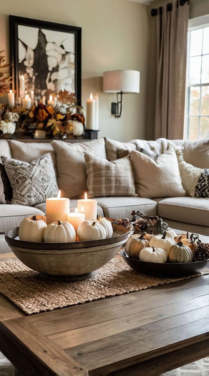 Neutral fall coffee table styled with white pumpkins, candles, ceramic vases, and cozy autumn accents.