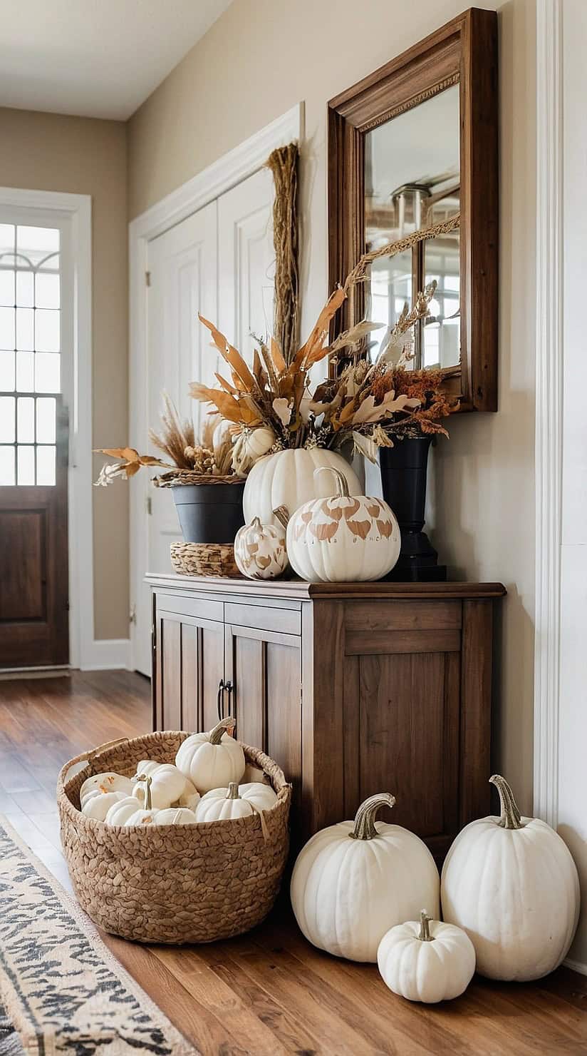 Neutral fall entryway with woven baskets, white pumpkins, cozy textiles, and elegant seasonal décor.