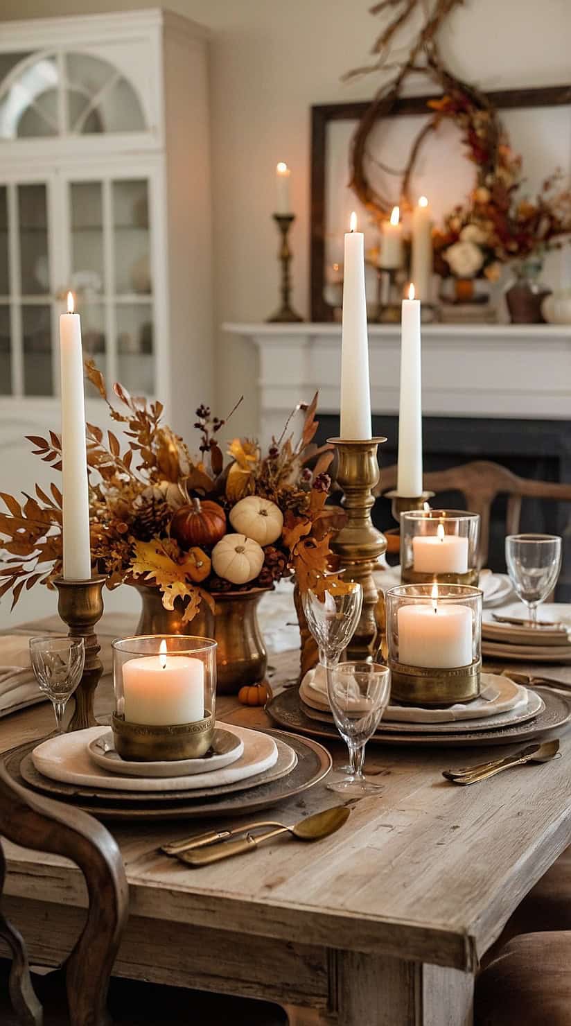 Neutral fall table decorated with cream candles, antique brass candle holders, and cozy autumn décor.