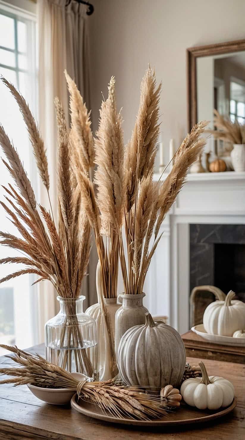 Neutral fall decor featuring dried wheat, pampas grass, ceramic vases, and elegant seasonal styling.