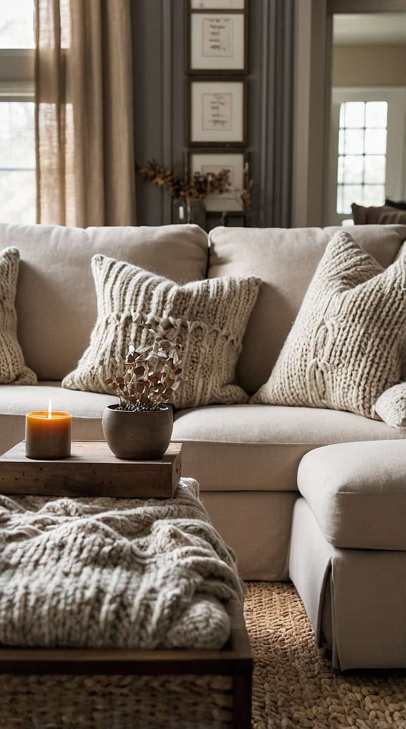 Neutral fall living room with chunky knit throws, soft linen cushions, and cozy autumn textures.
