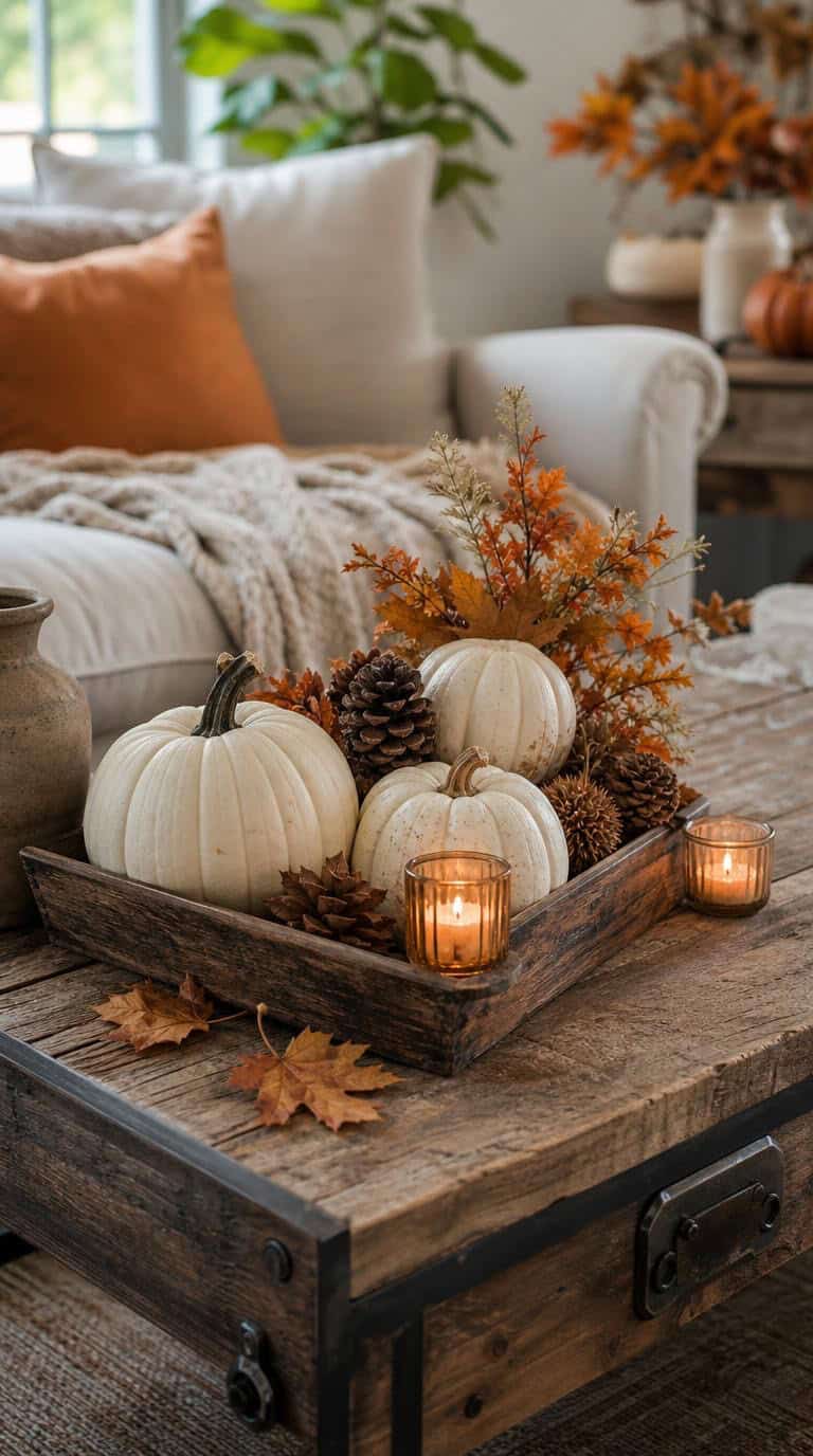 Rustic fall home decor with white pumpkins displayed on a reclaimed wood table surrounded by cozy autumn accents.