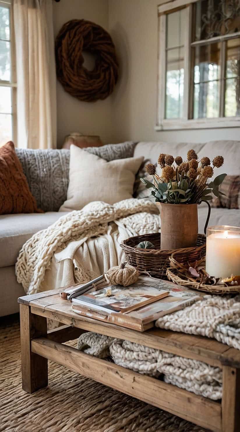 Rustic fall living room with chunky knit blankets, linen cushions, and warm cottage-inspired decor.