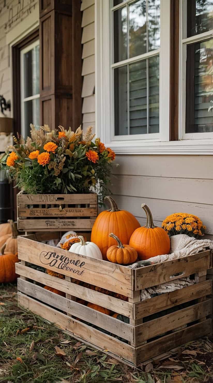 Rustic fall decor using vintage wooden crates filled with pumpkins, blankets, and seasonal greenery.